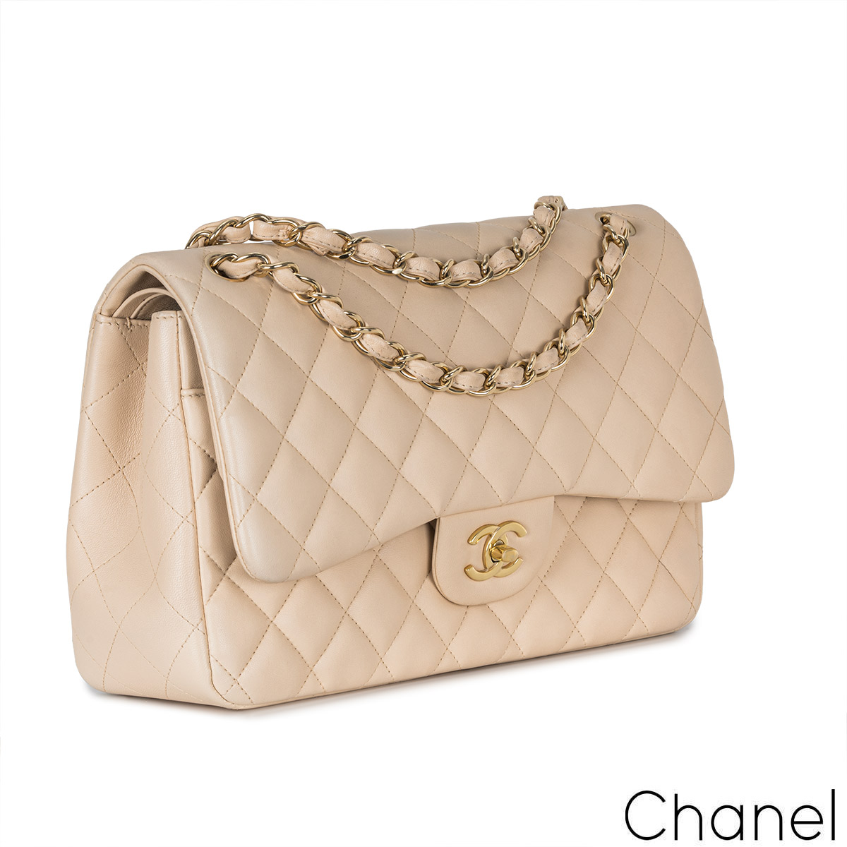 Pre-owned Chanel Jumbo Classic Double Flap Bag Beige Caviar Gold Hardware